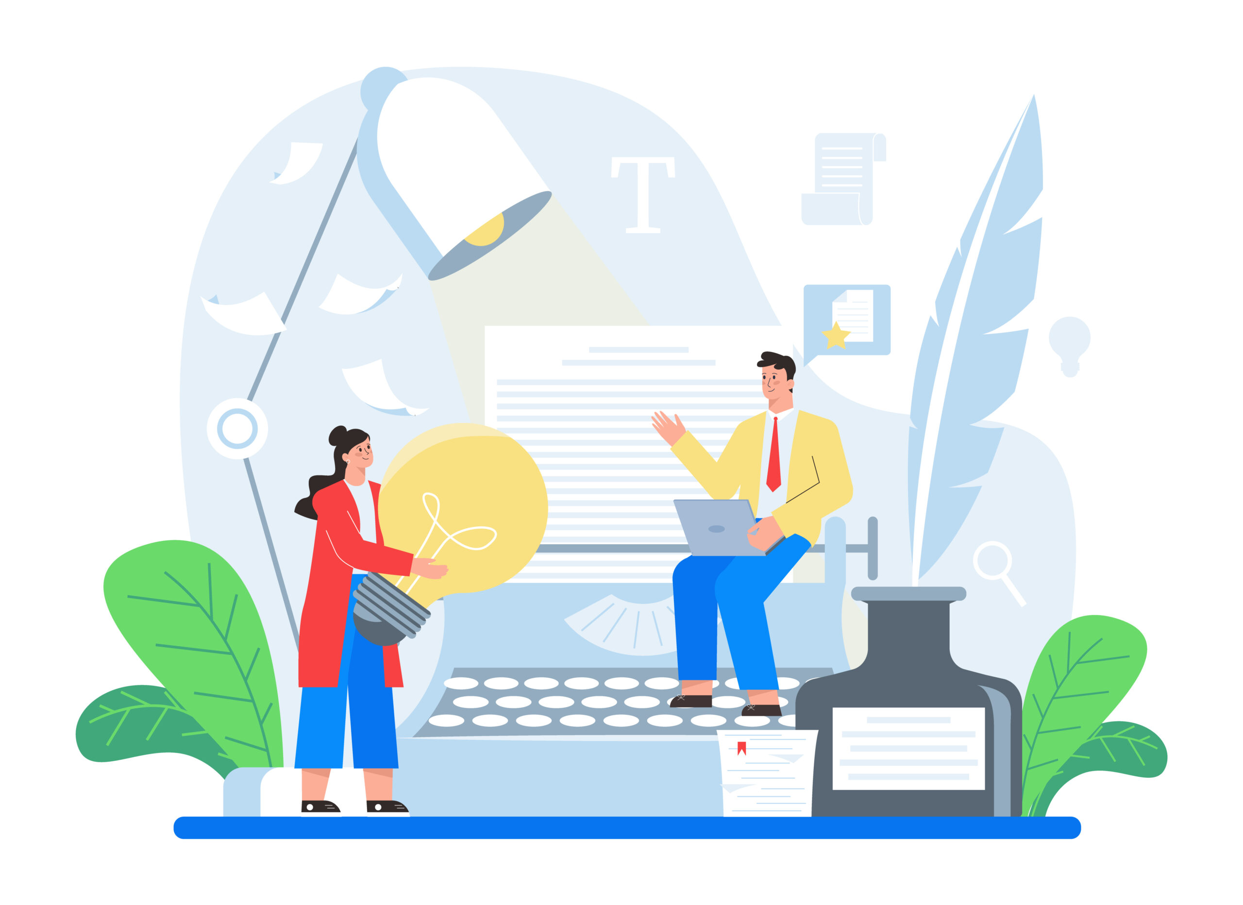 Copywriter concept. Writing and designing texts, creativity and promotion idea. Finding information and making valuable content. Vector flat illustration