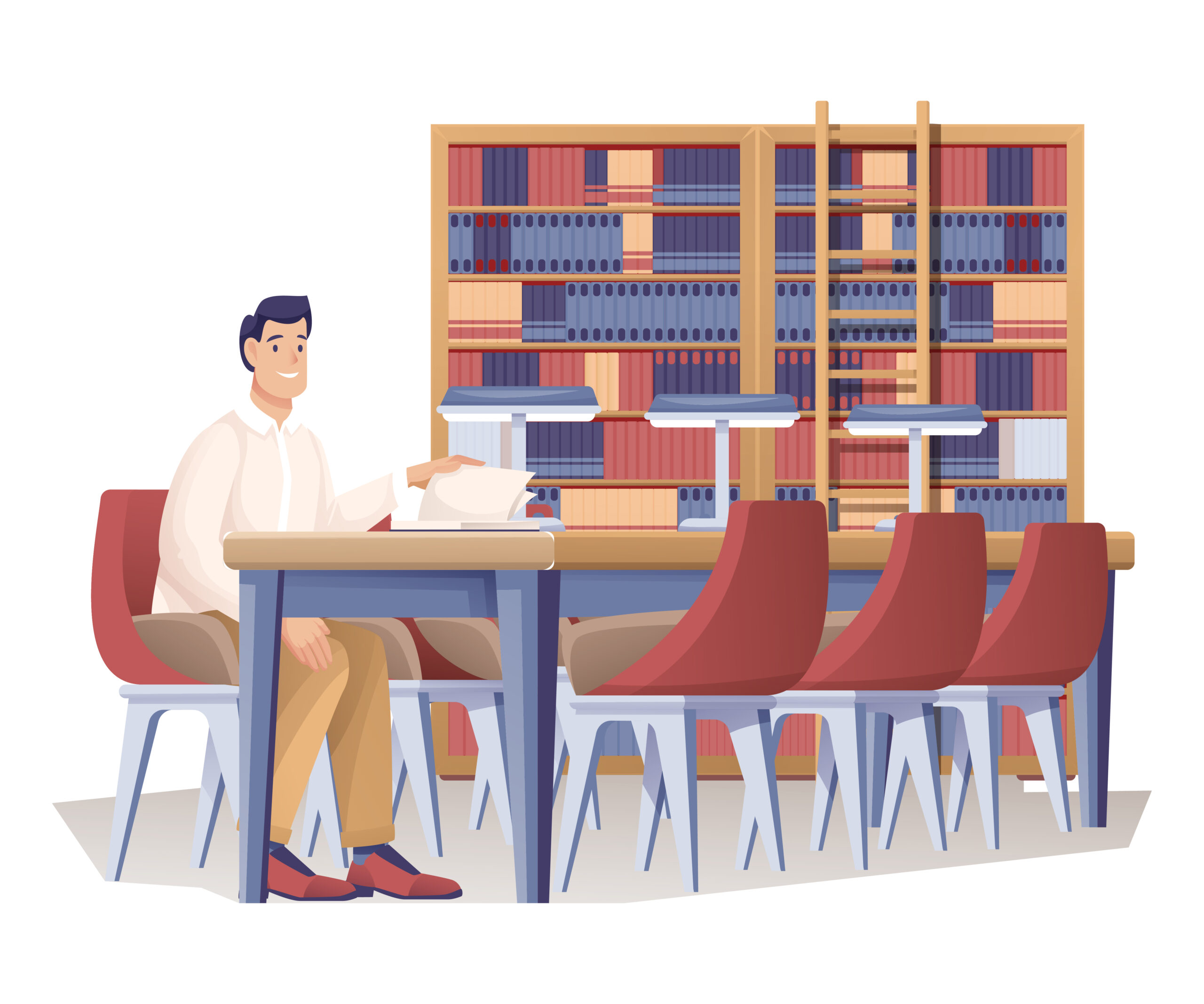 Man at library scene, young guy sitting at table with books under lamp studying, working or reading. Modern room interior design with desk, chairs, bookcase with ladder.