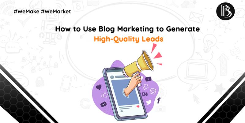 Illustration of a hand holding a megaphone emerging from a smartphone with social media icons, promoting the concept of using blog marketing to generate high-quality leads.