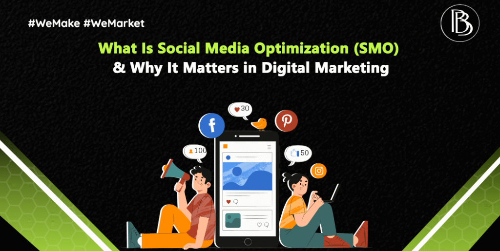 Illustration of two people promoting content on social media platforms like Facebook, Instagram, and Pinterest, highlighting the importance of Social Media Optimization (SMO) in digital marketing.What Is Social Media Optimization (SMO) and Why It Matters in Digital Marketing