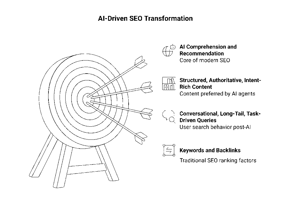 





















How AI Agents Changed the Search Game

Before AI agents:





Keywords and backlinks drove rankings.



Google dominated 90%+ of search traffic.

After AI agents:





Queries are conversational, long-tail, and task-driven.



Agents prefer structured, authoritative, and intent-rich content.



Users don’t just want answers — they want personalized recommendations and actions.

In short: SEO has shifted from ranking for keywords → optimizing for AI comprehension and recommendation.