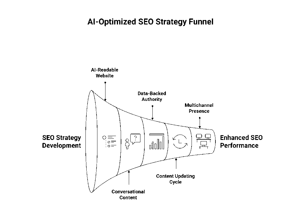 What Does AI-Optimized SEO Look Like in Practice?

Here’s a roadmap businesses should follow:

AI-Readable Website

Structured data, schema, clear navigation.

Conversational Content

Answer user questions the way they’d ask in real life.

Data-Backed Authority

Cite reports, surveys, and provide original data.

Content Updating Cycle

Refresh pages every 3–6 months.

Multichannel Presence

Get cited across blogs, LinkedIn, YouTube — AI agents pull from everywhere.