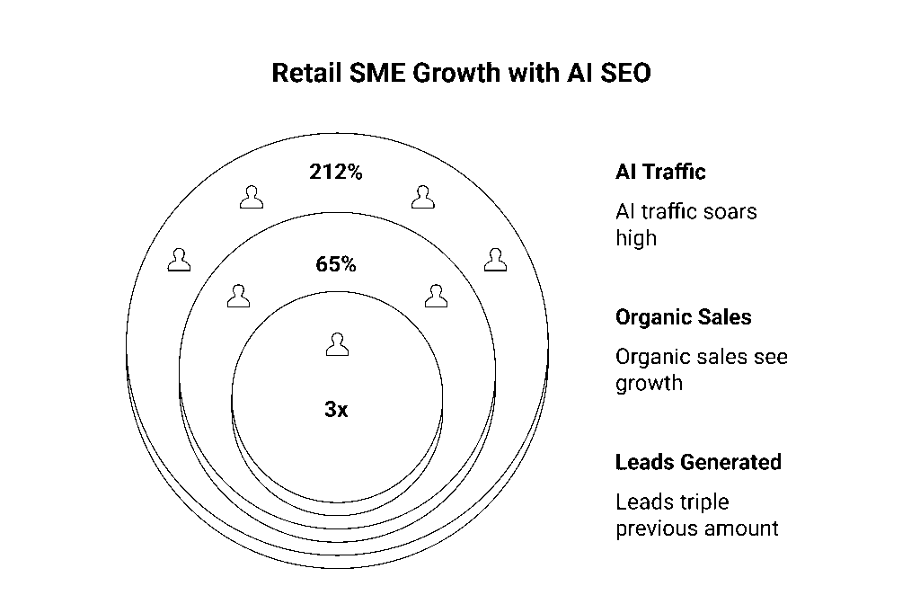 Case Study: How SMEs Are Thriving with AI SEO A retail SME in Delhi updated its website with conversational FAQs and schema markup in late 2024. Within 6 months, they saw: +212% increase in AI-driven traffic (Gemini + Perplexity citations) +65% organic sales growth 3x more leads compared to their paid ads. This proves AI SEO isn’t theoretical — it’s driving real-world ROI.