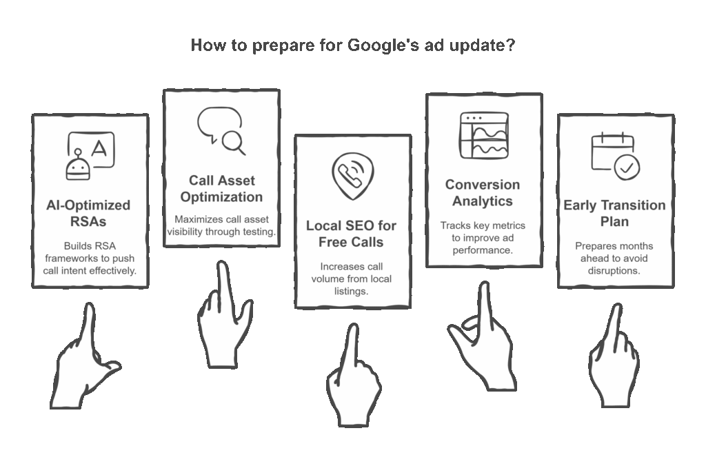 How Bit Binders Helps Businesses Stay Ahead of the Update

Bit Binders doesn’t just “manage ads”.
We future-proof businesses against Google’s shifting ecosystem.

✔ AI-Optimized RSA Structures

We build RSA frameworks designed specifically to push call intent.

✔ Call Asset Visibility Optimization

We test multiple combinations to maximize how often the call asset appears.

✔ Local SEO Engineered for “Free Calls”

We increase call volume from Maps + GBP, reducing paid dependency.

✔ Conversion & Call Analytics Dashboard

We track CTR, CTC (click-to-call), spam %, lead quality, CPL, and call patterns.

✔ 2025–2027 Transition Plan

While others wait for the change, we prepare months ahead — so you never experience a drop.

When Google changes direction,
we adjust the strategy — not your results.