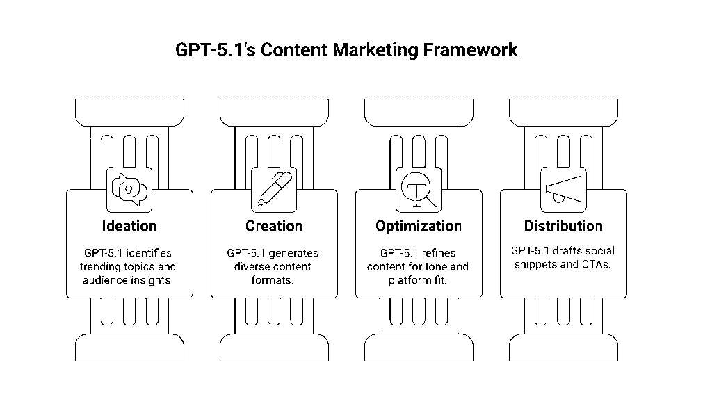 The New Era of Content Marketing: From Ideation to Distribution

GPT-5.1 now covers the entire content lifecycle seamlessly:

PhaseWhat GPT-5.1 DoesIdeationFinds trending topics, SEO gaps, and audience insightsCreationGenerates blogs, video scripts, emails, and ad copiesOptimizationRewrites for tone, clarity, and platform fitDistributionDrafts social snippets, CTAs, and summaries

Instant Mode gives you quick, social-friendly content.
Thinking Mode crafts long-form strategy pieces that convert.

That’s how you scale output without sacrificing soul.
For brands balancing quantity with quality, GPT-5.1 is the missing link between creativity and consistency.