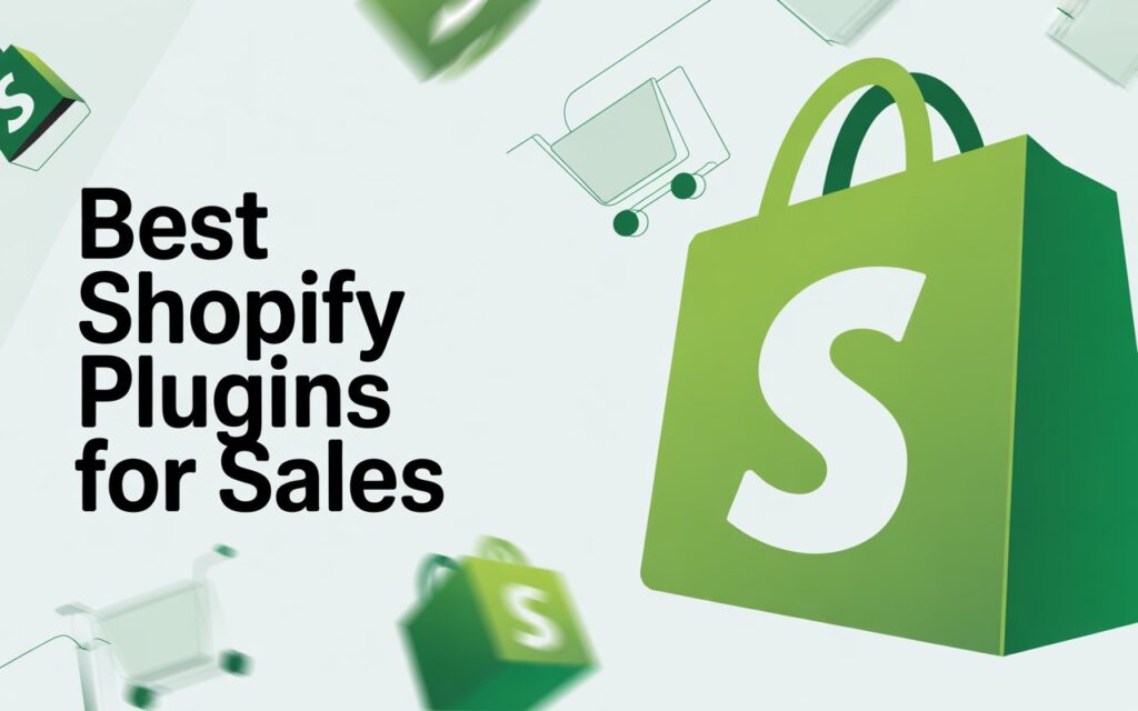 “A modern, high-impact digital illustration of an ecommerce dashboard with rising sales graphs, Shopify storefront interface, app/plugin icons floating around, vibrant lighting, clean green and white Shopify-inspired theme, futuristic UI elements, shopping cart symbol, and a professional business look — crisp, sharp, and optimized for a website feature banner.”