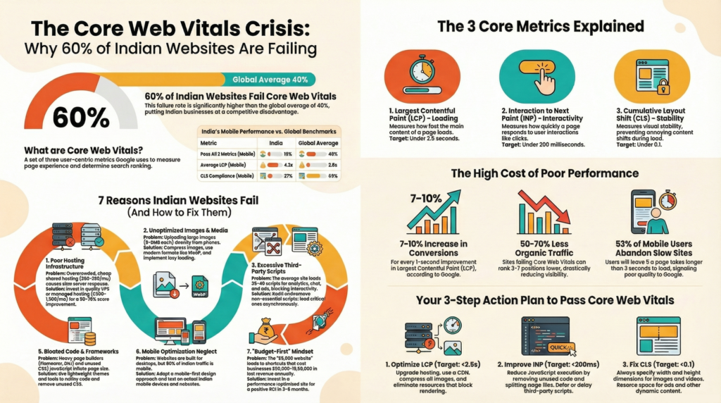 What Are Google Core Web Vitals? Core Web Vitals are a set of user-centric performance metrics that Google uses to measure page experience. Introduced as a ranking factor in 2021 and continuously refined, these metrics directly impact your website's search visibility. The Three Core Metrics Explained 1. Largest Contentful Paint (LCP) Measures loading performance. Your LCP should occur within 2.5 seconds of when the page first starts loading. This represents when the main content (largest image or text block) becomes visible to users. 2. First Input Delay (FID) / Interaction to Next Paint (INP) Measures interactivity. Pages should have an FID of less than 100 milliseconds. In 2024, Google replaced FID with INP, which measures the time between user interaction and visual response. Target: under 200 milliseconds. 3. Cumulative Layout Shift (CLS) Measures visual stability. Pages should maintain a CLS of less than 0.1. This prevents annoying layout shifts where content moves as the page loads (like when an ad loads and pushes text down).