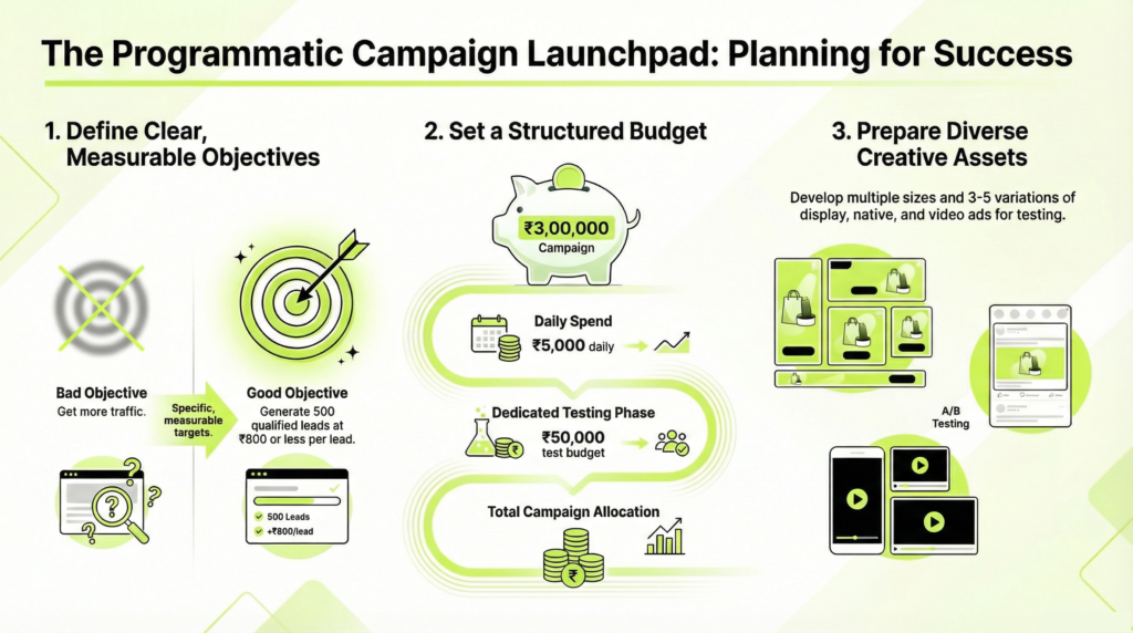 How to Launch a Programmatic Campaign (Step-by-Step)

Phase 1: Planning

Step 1: Define Clear Objectives

Bad: "Get more traffic"

Good: "Generate 500 qualified leads at ₹800 or less per lead"

Step 2: Set Budget

Total campaign budget

Daily pacing

Test budget (15-20% for learning phase)