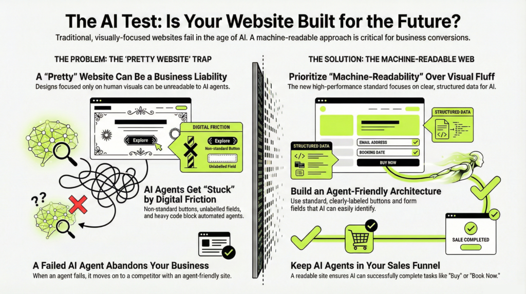 The &ldquo;Pretty Website&rdquo; Trap: Why Your Results are Inconsistent

For years, the gold standard for a successful business was a "beautiful" website. Business owners spent thousands on high-resolution hero images, sleek transitions, and creative copy. But as we enter 2026, many of these owners are facing a hard truth: A website that looks good to a human but is unreadable to a machine is a liability.

At Bit Binders, our conversion audits consistently reveal a recurring bottleneck: Digital Friction.

Humans are naturally prone to "form fatigue." They find 10-field contact forms or multi-step checkout processes tedious. In response, they have begun delegating these "chores" to their AI agents. However, if your website is built as a "digital brochure" full of non-standard buttons, unlabelled fields, and heavy JavaScript, these AI agents get "stuck." They encounter technical friction that prevents them from identifying your "Buy" or "Book Now" buttons. When an agent fails, it doesn't just "bounce"&mdash;it moves to your competitor who has an agent-friendly architecture.