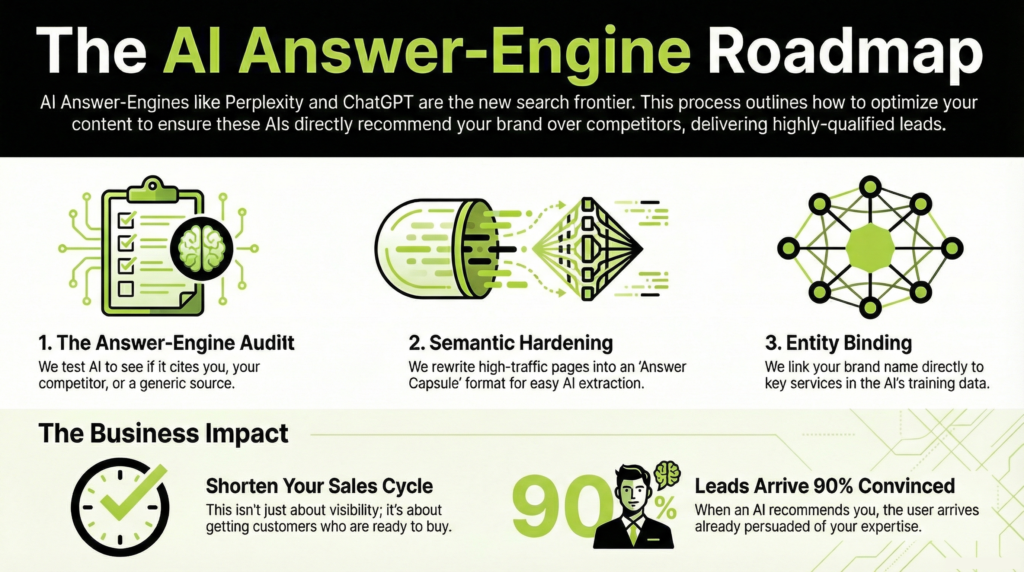 The Bit Binders Implementation Roadmap

We don't just talk about the future; we build it today.

The Answer-Engine Audit: We test Perplexity and ChatGPT for your core keywords. Are they citing you, your competitor, or a generic source?

Semantic Hardening: We rewrite your high-traffic pages into the "Answer Capsule" format, ensuring the AI can extract your core value proposition in seconds.

Entity Binding: We link your brand name to specific technical "entities" so that when someone asks, "Who is the best at [Your Service]?", the AI&rsquo;s training data points directly to you.

What this means for your business: This isn't just about "visibility." It&rsquo;s about Shortening the Sales Cycle. When an AI recommends you, the user arrives on your site already 90% convinced of your expertise.
