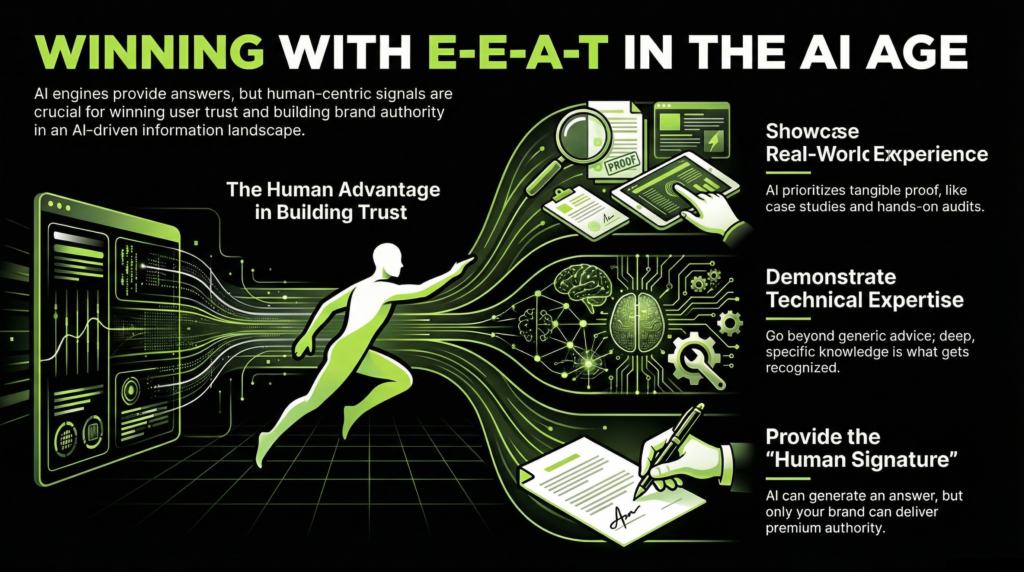 The E-E-A-T Balance: Where the Human Still Wins
In the age of Answer Engines, your Trust Signals are your currency.

Experience: AI looks for real-world evidence (e.g., "In our audit of X, we found Y").

Expertise: It checks for technical depth. Generic advice is ignored; Bit Binders Logic is cited.

The Final Decision: AI provides the "Answer," but humans provide the Signature. Your brand must still look and feel like a premium authority once they land on your site.