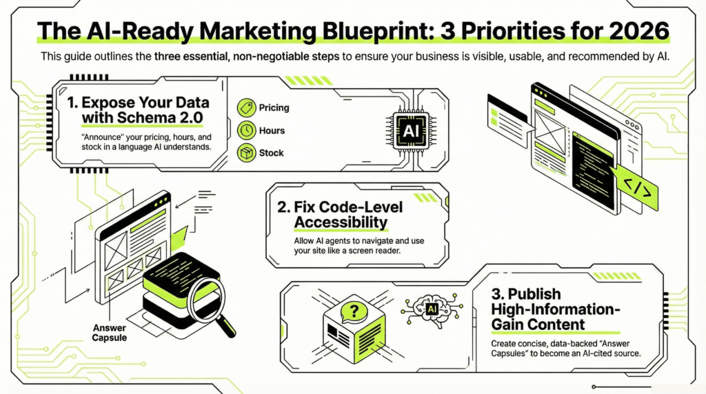 The Action: Implement advanced JSON-LD Schema. This "announces" your facts to the web in a language AI understands.

The Result: When an agent compares you against a competitor, you become the "Verifiable Option."

2. Fix DOM-Level Accessibility

An AI Agent navigates your site like a blind user with a screen reader. It relies on code labels, not visual cues.

The Action: Use standard HTML tags for buttons and forms. Ensure every field has a descriptive aria-label.

The Result: If a machine can "read" your checkout path, it can successfully complete a purchase for your customer.

3. Publish "High-Information-Gain" Content

Google&rsquo;s AI Overviews have shifted the goalposts. They no longer reward "Length"; they reward "Density."

The Action: Create "Answer Capsules"&mdash;concise, 50-word blocks that provide direct, data-backed answers to your industry's most common questions.

The Result: This increases your "Citation Share," ensuring your brand is the one the AI recommends to the user.