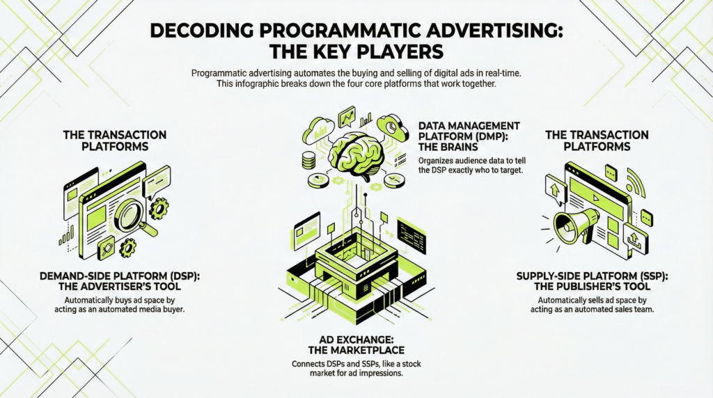 The Programmatic Ecosystem: Key Players

1. Demand-Side Platform (DSP)

What it does: Software advertisers use to buy ad inventory automatically.

Think of it as: Your automated media buyer that evaluates billions of opportunities per day and bids on the ones most likely to convert.

Popular DSPs: Google Display & Video 360, The Trade Desk, Amazon DSP