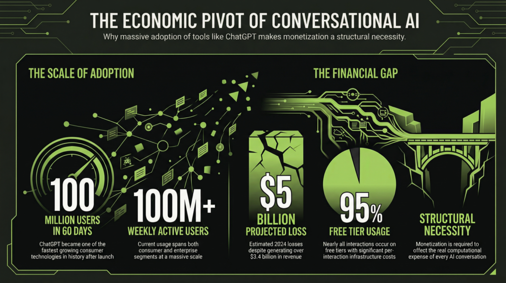 The Shift No One in Marketing Can Ignore

Digital advertising has always followed a predictable rule: where sustained human attention exists, monetization eventually follows. Search engines, social networks, marketplaces, and video platforms all evolved the same way&mdash;first usage, then scale, then advertising.

Conversational AI is now at that same inflection point.

According to Reuters, ChatGPT reached 100 million monthly active users within two months of launch, making it one of the fastest-adopted consumer technologies in history. OpenAI's DevDay 2023 announcements revealed the platform now serves over 100 million weekly active users across consumer and enterprise segments.

At the same time, The Information reported OpenAI could lose up to $5 billion in 2024 despite generating $3.4 billion in revenue&mdash;largely because more than 95% of usage occurs on free tiers with significant infrastructure costs per interaction.

At this scale, every AI conversation carries real computational expense. Monetization isn't a strategic option anymore&mdash;it's a structural necessity.