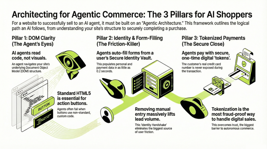 To successfully sell to a machine, your website must be organized around three logical pillars. At Bit Binders, we call this the "Agentic Architecture." This is how an AI moves from "knowing" about your business to "acting" on your behalf.