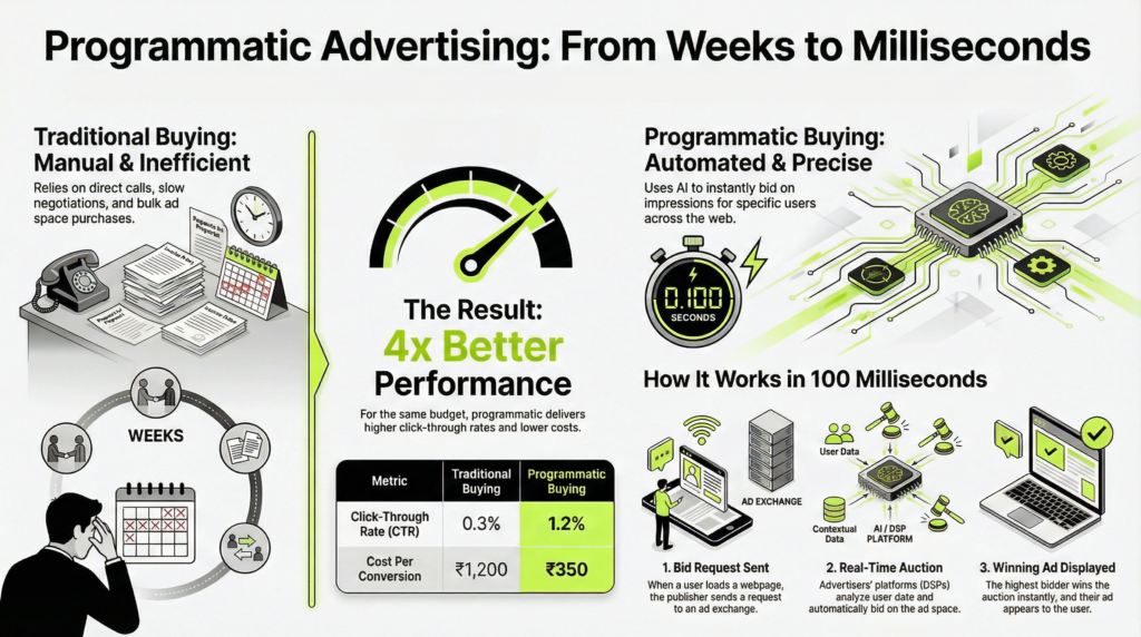 In 2015, if you wanted to buy digital ad space, you'd call a media buyer, negotiate rates, sign insertion orders, and wait weeks for campaigns to go live.

In 2026, that same process happens in 100 milliseconds&mdash;automatically.

Welcome to programmatic media buying: the technology that now accounts for an estimated ₹12,000+ crore of India's digital ad market and approximately 88% of all display advertising globally

But here's the problem most marketers face:

Everyone's talking about programmatic. Few actually understand how it works. Fewer still know how to use it profitably.