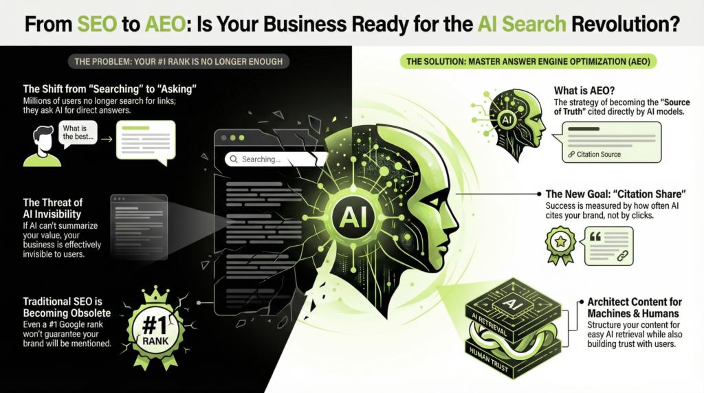 Answer Engine Optimization (AEO) is the strategic shift from ranking in a list of links to becoming the "Source of Truth" that AI models&mdash;like Perplexity, ChatGPT, and Google&rsquo;s AI Overviews&mdash;cite directly. In 2026, the goal of digital marketing is no longer just "getting the click"; it is "Citation Share." If an AI agent cannot summarize your brand&rsquo;s value in 50 words, your business is effectively invisible to the millions of users who no longer "search" but "ask." For your business, this means your content must be architected for machines to retrieve and for humans to trust.