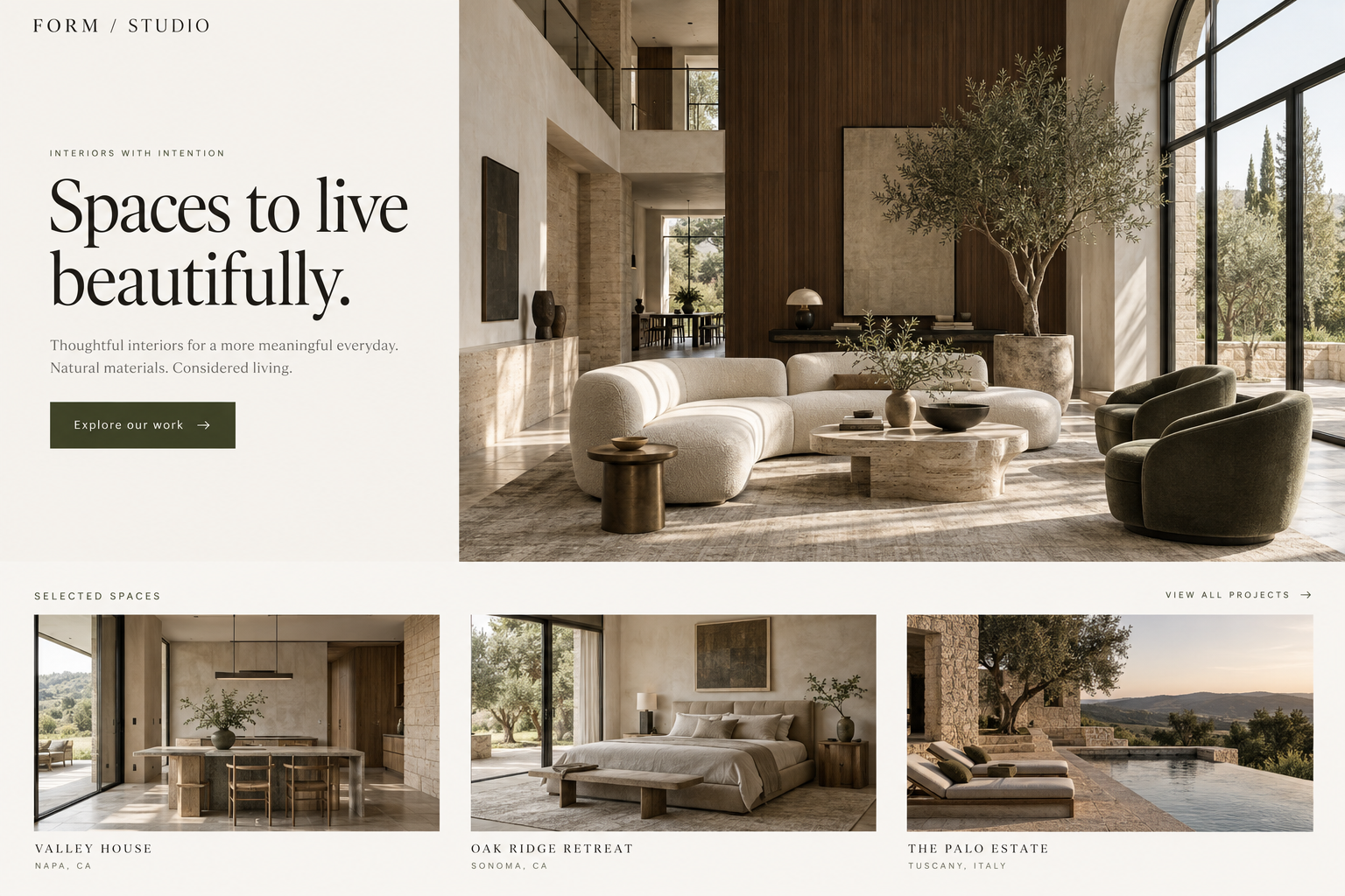 FORM / STUDIO website concept with editorial typography, architectural photography and a selected-project gallery
